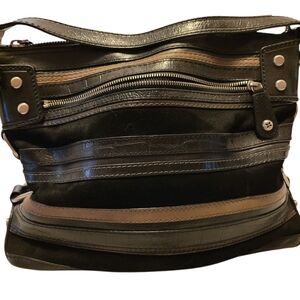 Fossil Black and Taupe Leather Suede Tote Bag Purse